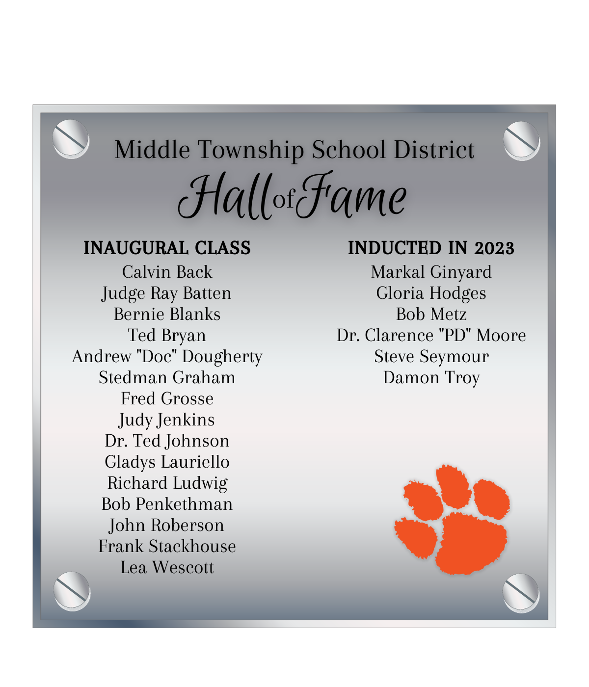 Middle Township Hall of Fame Plaque with all names of current Hall of Fame members